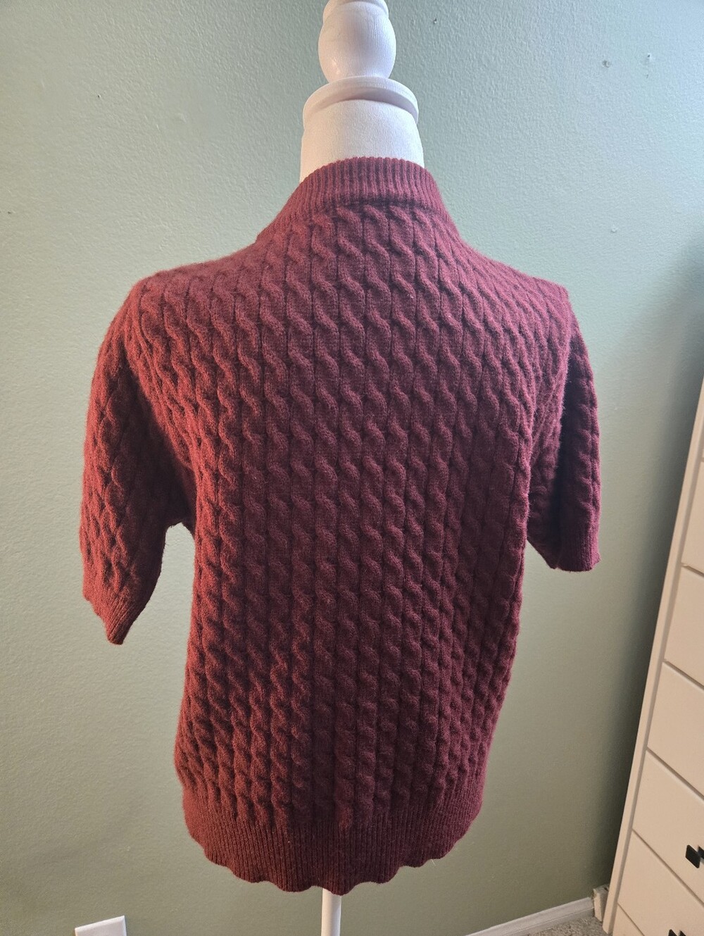 Women's Short Sleeved Maroon Cableknit Cardigan - Picture 2 of 7